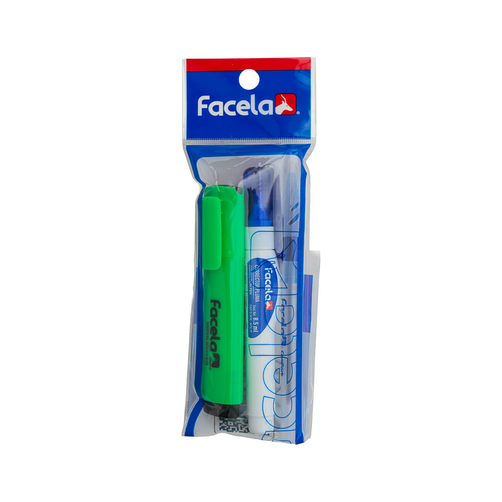 Corrector + Resaltador + Bolígrafo Facela